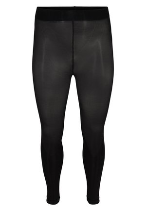 Czarne, przezroczyste legginsy o gładkiej fakturze, elastycznym pasie i dopasowanym kroju. Bez widocznych wzorów ani elementów metalowych.