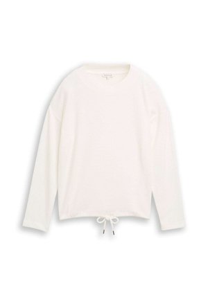 White, textured long-sleeve top with a round neckline and drawstring hem. Features a relaxed fit and subtle detailing at the cuffs.