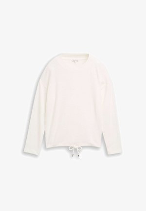 White, textured long-sleeve top with a round neckline and drawstring hem. Features a relaxed fit and subtle detailing at the cuffs.