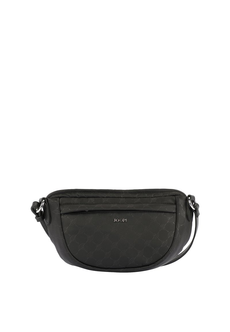 La borsa a spalla in tessuto nero presenta una superficie liscia con un motivo sottile, una tasca frontale con zip e una tracolla staccabile. Logo visibile sul davanti.