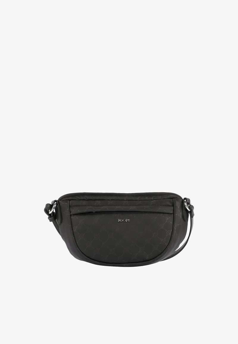 La borsa a spalla in tessuto nero presenta una superficie liscia con un motivo sottile, una tasca frontale con zip e una tracolla staccabile. Logo visibile sul davanti.