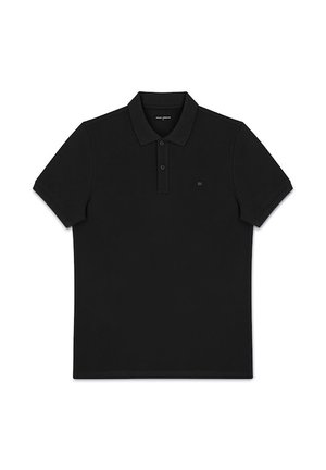 Czarna koszulka polo z krótkim rękawem, kołnierzykiem, dwoma guzikami i małym, subtelnym logo na lewej piersi.
