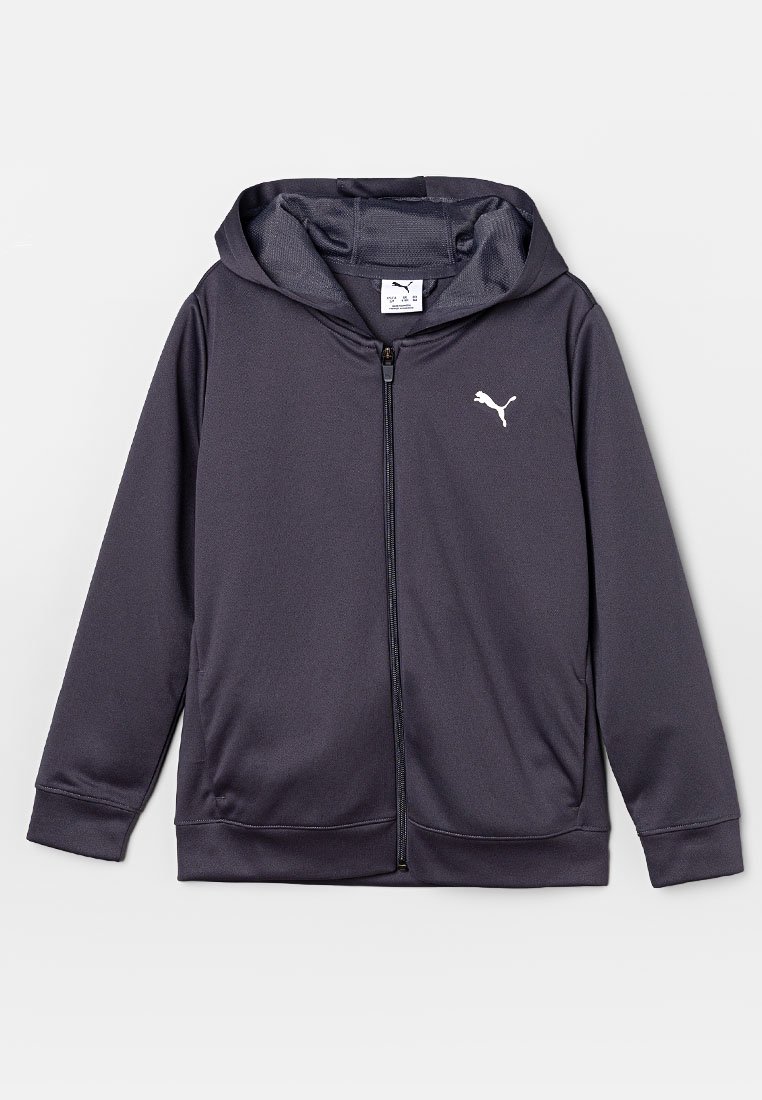 Dunkelgrauer Reißverschluss-Hoodie mit Kapuze, aus glattem Stoff, mit kleinem weißen Puma-Logo auf der Brust und seitlichen Taschen.