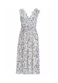 Weißes Midikleid mit lila und grünen Blumenmuster, V-Ausschnitt, tailliert und mit einem gerüschten Schulterträger.