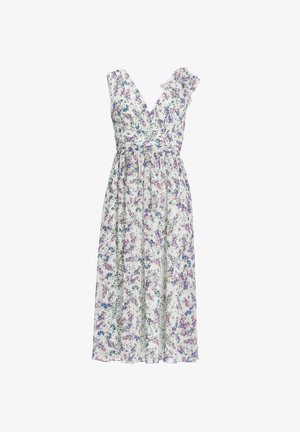 Witte midi-jurk met paarse en groene bloemenprint, V-hals, aansluitende taille en één schouderband met ruches.