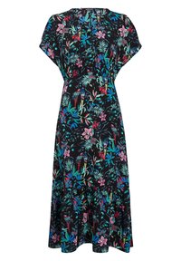 Robe noire midi avec un imprimé tropical coloré de fleurs et de perroquets, manches courtes, col en V et détail de taille froncée.