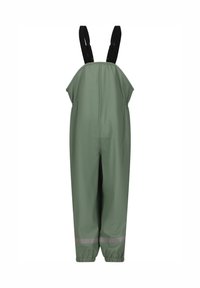 Pettorina impermeabile verde con spalline nere regolabili, polsini elasticizzati e dettagli riflettenti argentati sulle gambe. Texture liscia e resistente.
