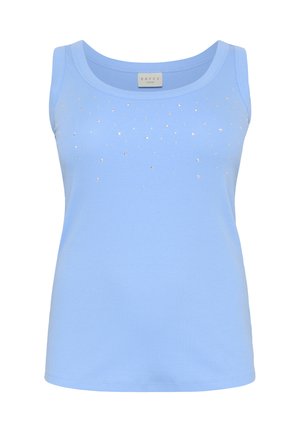 Lichtblauwe tanktop van ribstof. Bevat verspreide zilveren versieringen aan de voorkant. Klassieke, onversierde ronde halslijn.