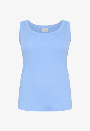 Jasnoniebieski top na ramiączkach wykonany z prążkowanej tkaniny. Posiada rozsiane srebrne ozdoby z przodu. Klasyczny, prosty okrągły dekolt.