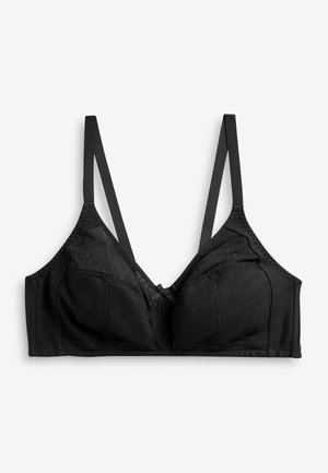 Reggiseno nero con coppe imbottite, spalline sottili regolabili e dettagli in rete. Presenta un fiocchetto decorativo al centro e una superficie liscia.