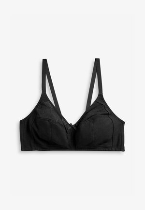 Mustat rintaliivit pehmeillä kuppikohdilla, säädettävillä ohuilla olkaimilla ja verkkoyksityiskohdilla. Keskellä on koristeellinen nauha ja pinta on sileä.