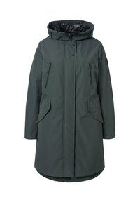 Parka verde scuro con cappuccio, dotata di due tasche sul petto con zip, tasche laterali con pattina e fodera interna liscia. Taglio lungo e dritto.