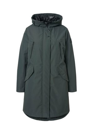 Parka verde scuro con cappuccio, dotata di due tasche sul petto con zip, tasche laterali con pattina e fodera interna liscia. Taglio lungo e dritto.