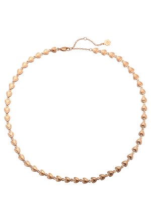 Rose gold necklace with small linked heart-shaped charms and adjustable chain clasp on a white background.