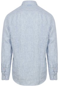 Lichtblauwe en witte gestreepte blouse met lange mouwen, een standaard kraag, twee knoopmanchetten en een rechte pasvorm. Textuur katoen stof.