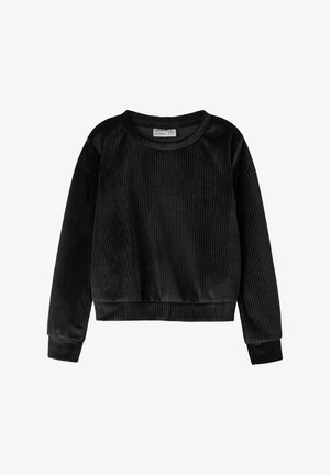 Zwarte corduroy sweater met lange mouwen, ronde halslijn en geribbelde textuur. Heeft een cropped pasvorm en elastische zoom en manchetten.