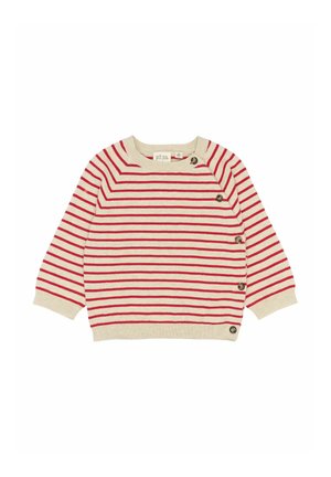 Sweter w paski w kolorze kremowym i czerwonym, wykonany z dzianiny. Posiada okrągły dekolt, długie rękawy oraz dekoracyjne guziki po bokach.