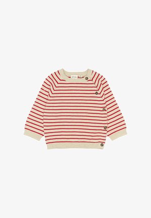 Prúžkovaný sveter v krémovej a červenej farbe, vyrobený z pleteného materiálu. Má okrúhly výstrih, dlhé rukávy a dekoratívne gombíky na boku.