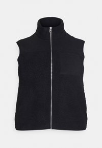 Svart ärmlös väst med hög krage, försedda med hel dragkedja och en texturerad fleecepanel på framsidan, inklusive en bröstficka.