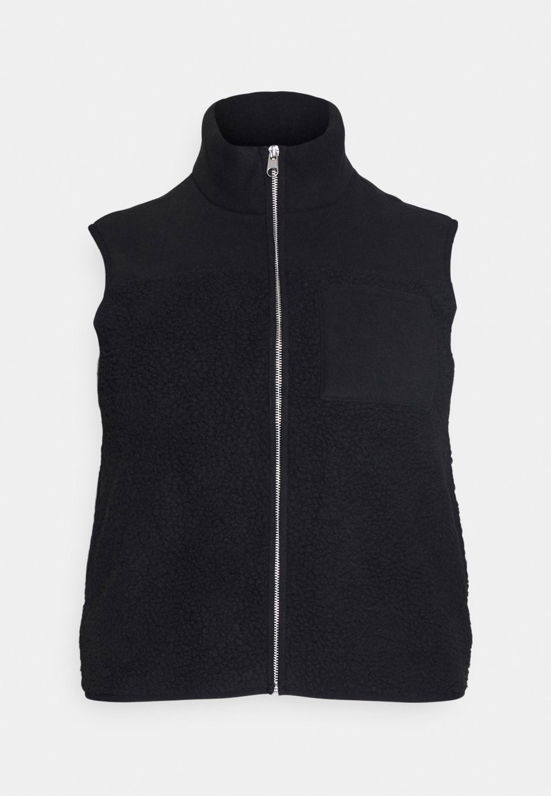 Svart ärmlös väst med hög krage, försedda med hel dragkedja och en texturerad fleecepanel på framsidan, inklusive en bröstficka.
