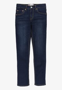 Mörkblå denimjeans med slim fit, som har en traditionell femfickorsdesign, kopparnitet, gula stygn och raka fållar.