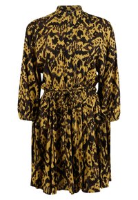 Sukienka z długim rękawem w żółto-czarny wzór zwierzęcy. Posiada zapinanie na guziki z przodu, ściągniętą talię i rozkloszowany dół. Gładka tekstura materiału.