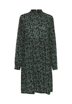Zelené šaty s dlouhými rukávy, vysokým límcem a černým abstraktním vzorem. Vyrobeny z měkké tkaniny, mají volný střih ve tvaru A.