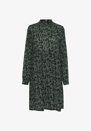 Zelené šaty s dlouhými rukávy, vysokým límcem a černým abstraktním vzorem. Vyrobeny z měkké tkaniny, mají volný střih ve tvaru A.