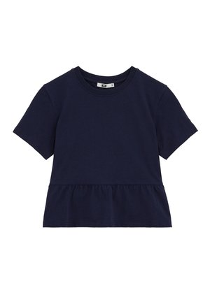 Marineblauw topje met korte mouwen, ronde halslijn en peplumzoom, gemaakt van zachte stof.