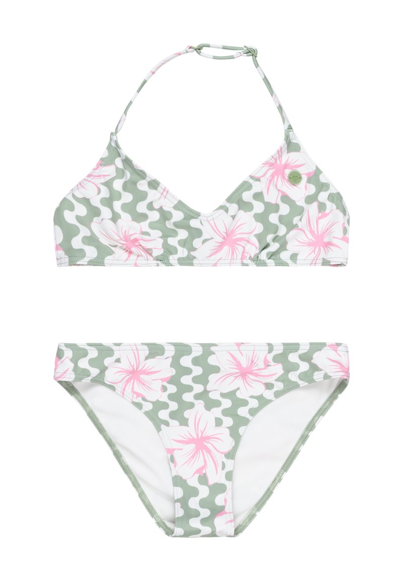 Zestaw bikini z zielono-białym falistym wzorem i różowymi kwiatami hibiskusa. Góra ma trójkątne miseczki i regulowane ramiączka; dół jest średnio taliowany.
