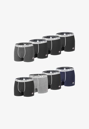 Boxers noirs et gris avec ceintures élastiques blanches. Chaque modèle présente un logo à l'avant et une coupe ajustée pour un confort optimal.