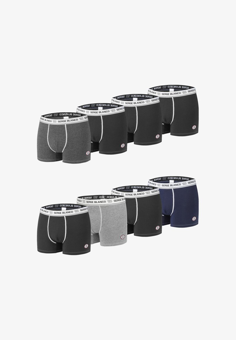 Boxers noirs et gris avec ceintures élastiques blanches. Chaque modèle présente un logo à l'avant et une coupe ajustée pour un confort optimal.