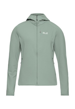 Lichtgroene zip-up hoodie gemaakt van een gestructureerde stof. Voorzien van een capuchon, zijzakken en een logo op de borst.