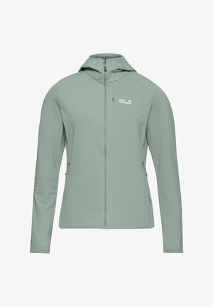 Lichtgroene zip-up hoodie gemaakt van een gestructureerde stof. Voorzien van een capuchon, zijzakken en een logo op de borst.
