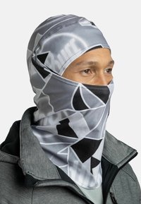 Gray multifunctional headwear with black geometric patterns and logo, made of stretchy material, covering the head and neck, fitted design.