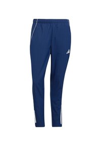 Donkerblauwe sportbroek gemaakt van lichtgewicht materiaal, met een taps toelopende pasvorm, elastische tailleband en witte zijaccenten.