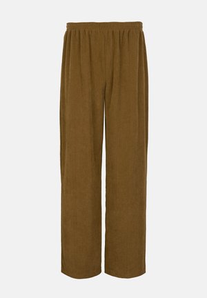 Locker sitzende braune Cordhosen mit elastischem Bund, geraden Beinen und texturierten vertikalen Rillen.