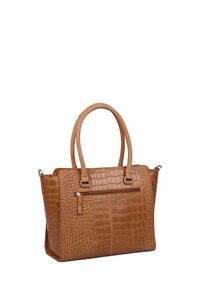 Borsa a mano in ecopelle con effetto coccodrillo marrone, dotata di manici doppi, tasca frontale con zip e forma rettangolare strutturata.