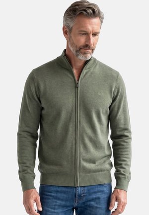 Mann mit grauem Haar und Bart, der einen grünen Pullover mit Reißverschluss und blaue Jeans trägt, schaut nach unten mit locker hängenden Händen an den Seiten.