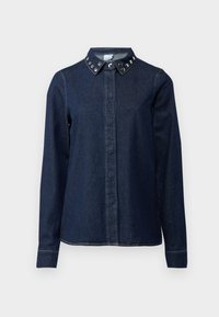 Camicia in denim scuro con bottoni sulla parte anteriore, maniche lunghe e colletto con borchie metalliche decorative. Tessuto morbido, taglio classico.