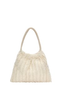 Cream-colored handbag made of textured fabric with vertical stripes. It features a single woven handle and a soft, plush appearance.