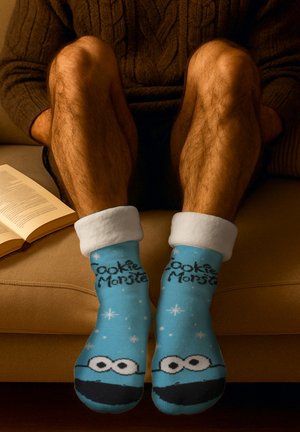 Mann trägt blaue Cookie Monster-Socken mit weißen Bündchen, sitzt auf einem Sofa mit einem offenen Buch neben sich.