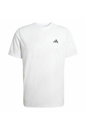 T-shirt bianca a maniche corte con scollo rotondo e un piccolo logo Adidas nero sul petto sinistro su uno sfondo bianco uniforme.