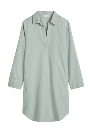 Jasnozielona tunika z długim rękawem, kołnierzykiem, dekoltem w kształcie litery V oraz prostym dołem, prezentowana na białym tle.