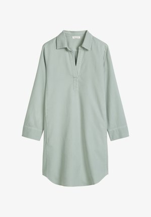 Hellgrünes, langärmeliges Tunika-Kleid mit Kragen, V-Ausschnitt und geradem Saum, vor weißem Hintergrund dargestellt.