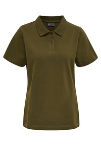 Oliven grøn polo t-shirt lavet af bomuld, med krave, tre-knaps lukning og korte ærmer. Glat tekstur, ingen mønstre.
