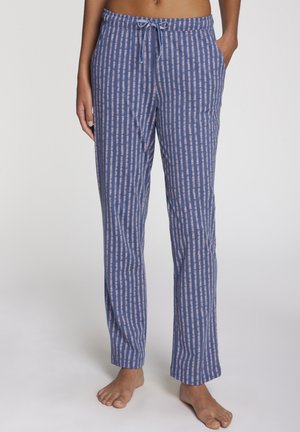 Patterned pajama pants in blue and pink vertical stripes, with a drawstring waist and a relaxed fit. Soft fabric texture.