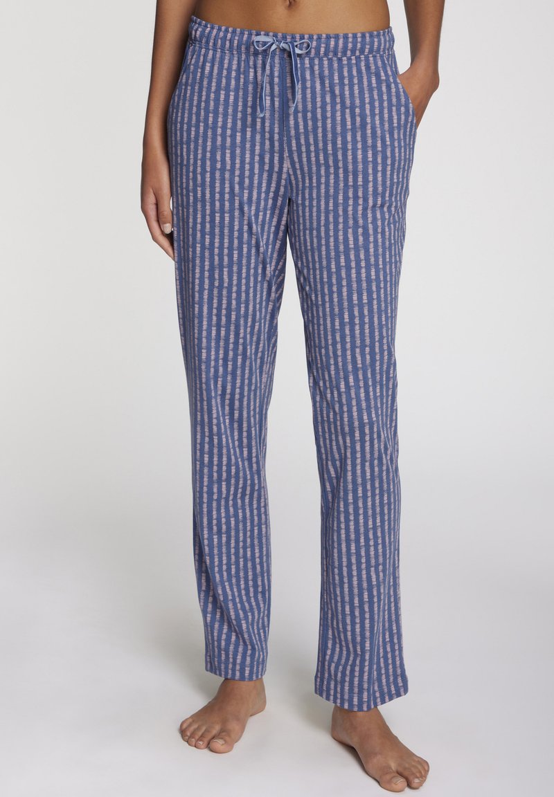 Pajama hlače s uzorkom u plavim i ružičastim vertikalnim prugama, s pojasom na vezanje i opuštenim krojem. Mekana tekstura tkanine.