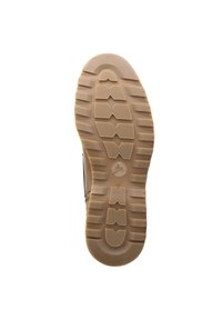 Tan rubberen zool met een gestructureerd grippatroon. Heeft een gelogde ontwerp voor tractie, met een ronde neus en kromming van de tussenzool. Maat 42.