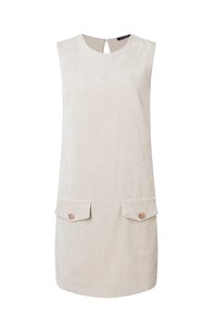 Ärmelloses Kleid aus hellem beigen Cord mit zwei vorderen Taschen, von denen jede mit einem dekorativen goldfarbenen Akzent versehen ist. Rückendekolleté im Schlüsselhole-Stil.